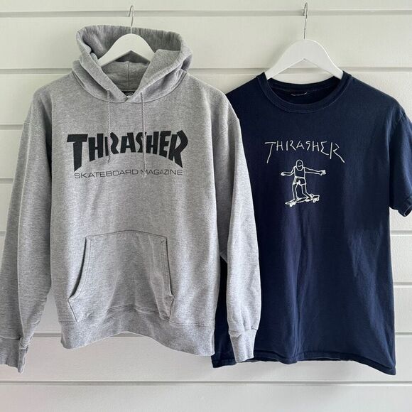 Lot Of 2 Thrasher Men's Gray Hoodie & Navy Short Sleeve Graphic Tee Bundle Small - Picture 1 of 5